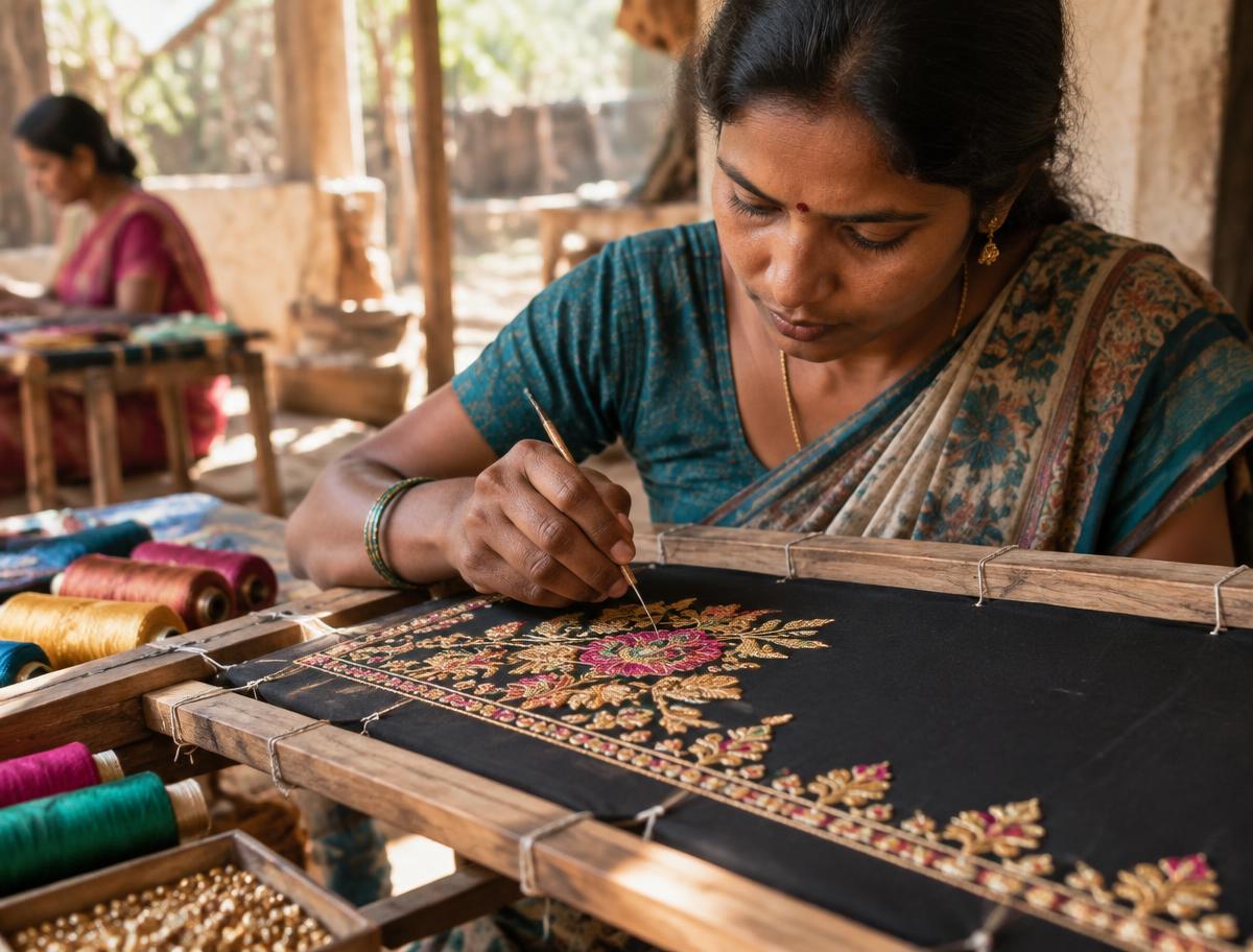 An artisan doing fine aari hook embroidery with gold and pink thread on a wooden frame