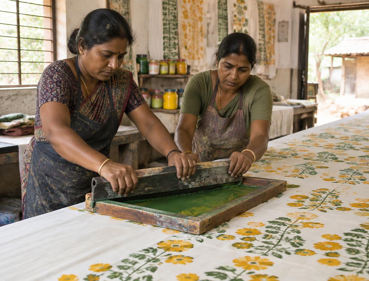 Two artisans pulling a squeegee across a silkscreen on a long fabric printing table
