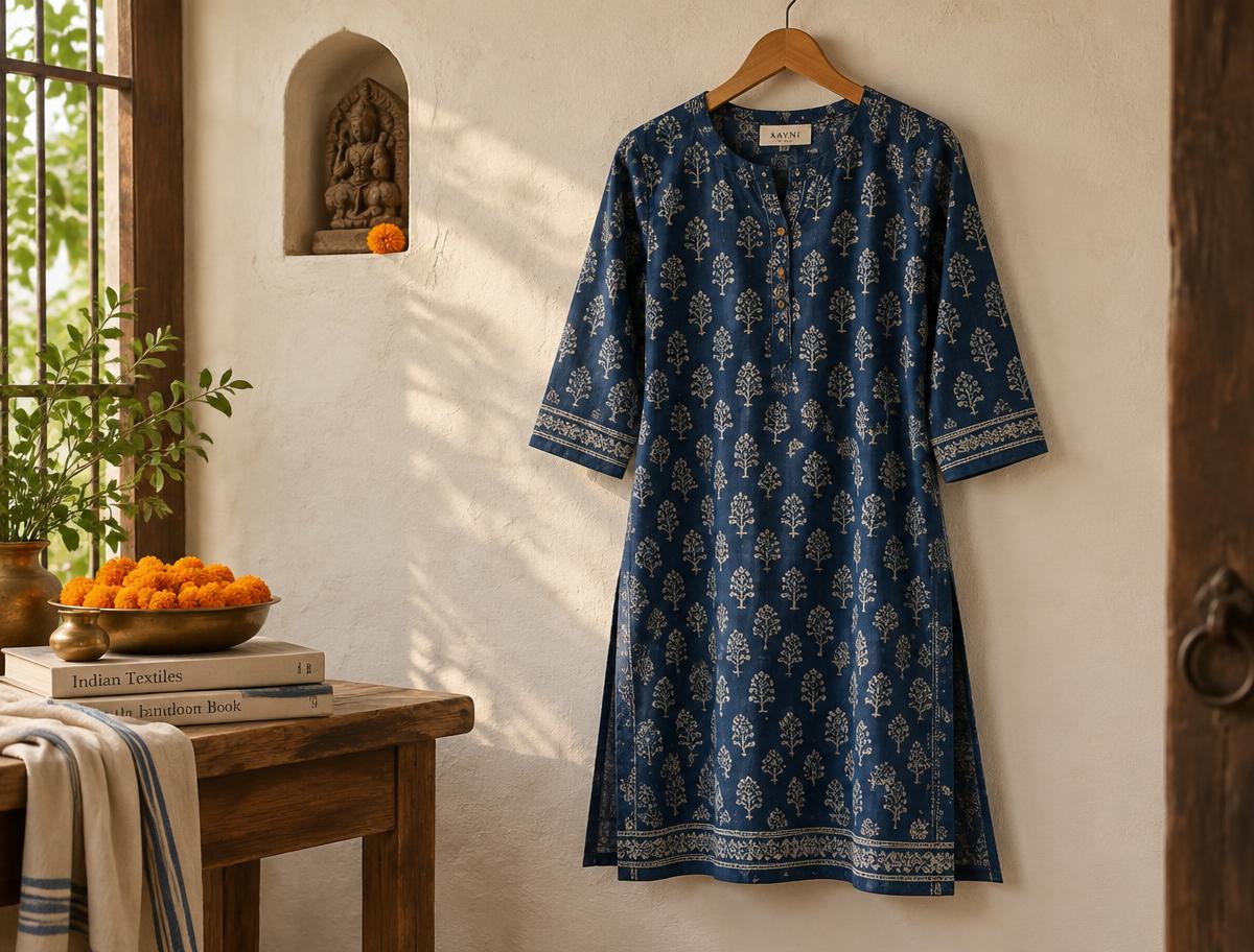 Hand block-printed indigo cotton kurti on a wooden hanger against an off-white plaster wall